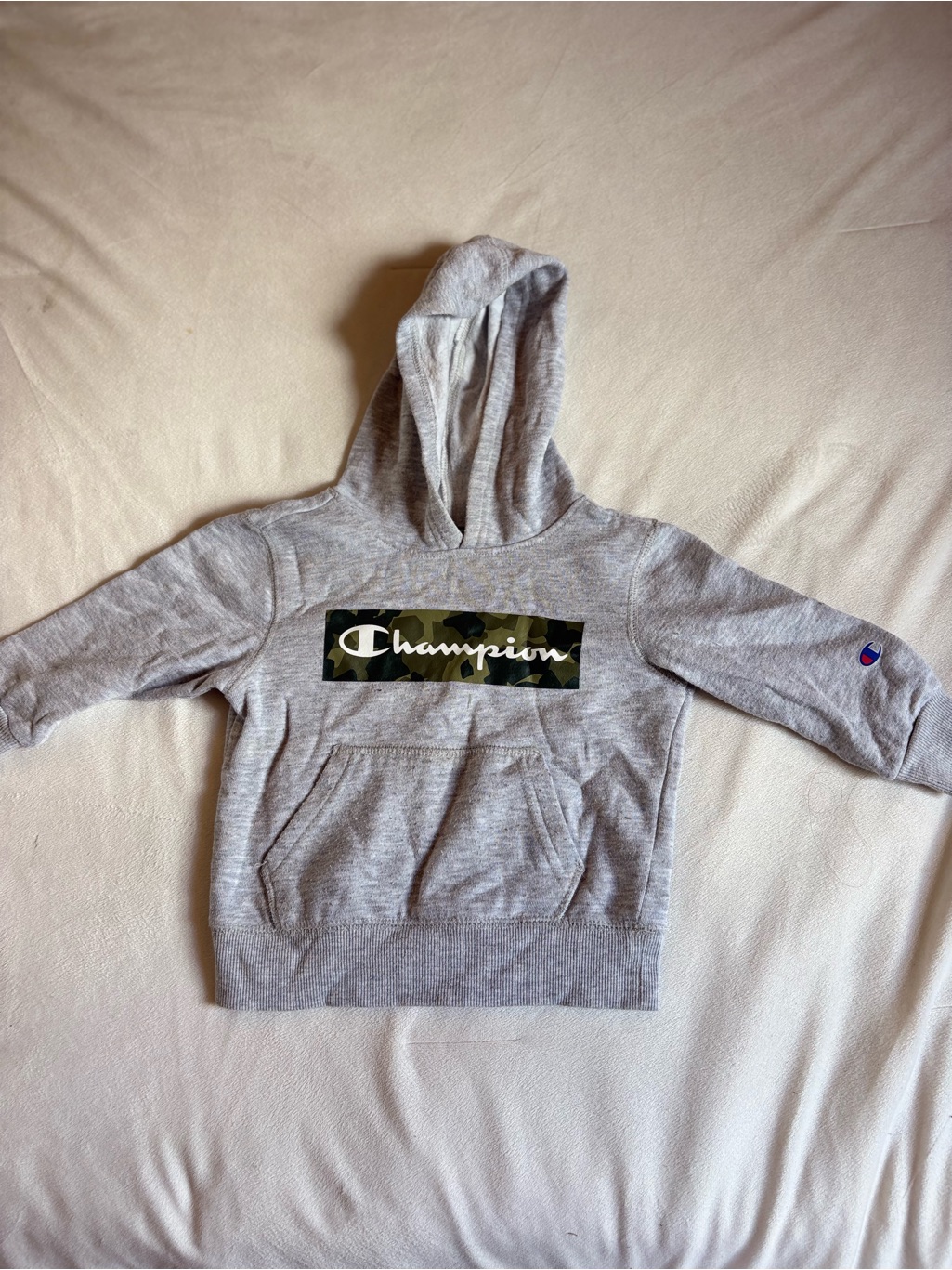 Champion Light Gray Hoodie With Camo Box Logo